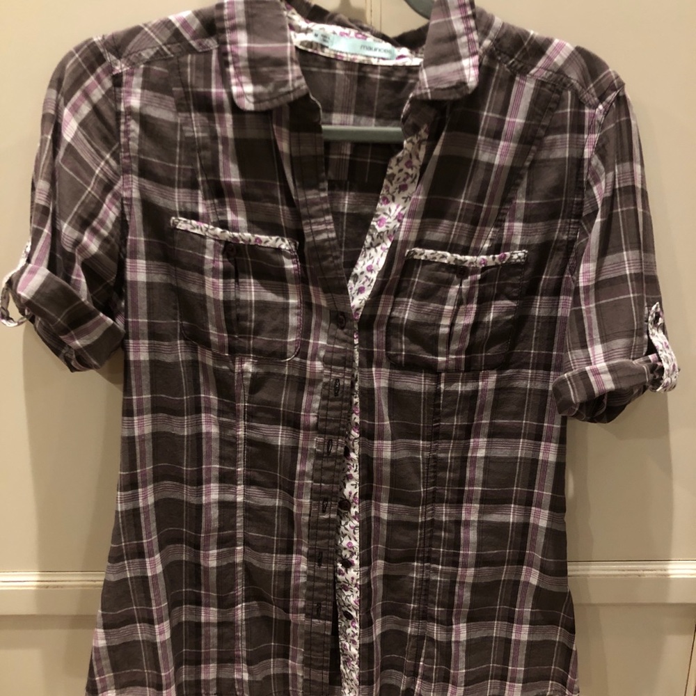 Maurices Plaid Button Down Floral Trim Tab Sleeve
